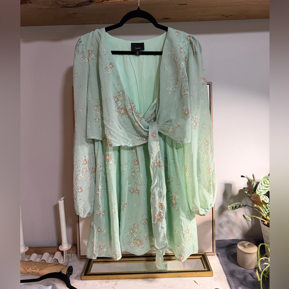 Lumiere Green Floral Wrap Front Long Sleeve Dress
